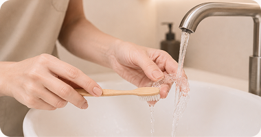 Brossage d’une gouttière sous l’eau du robinet